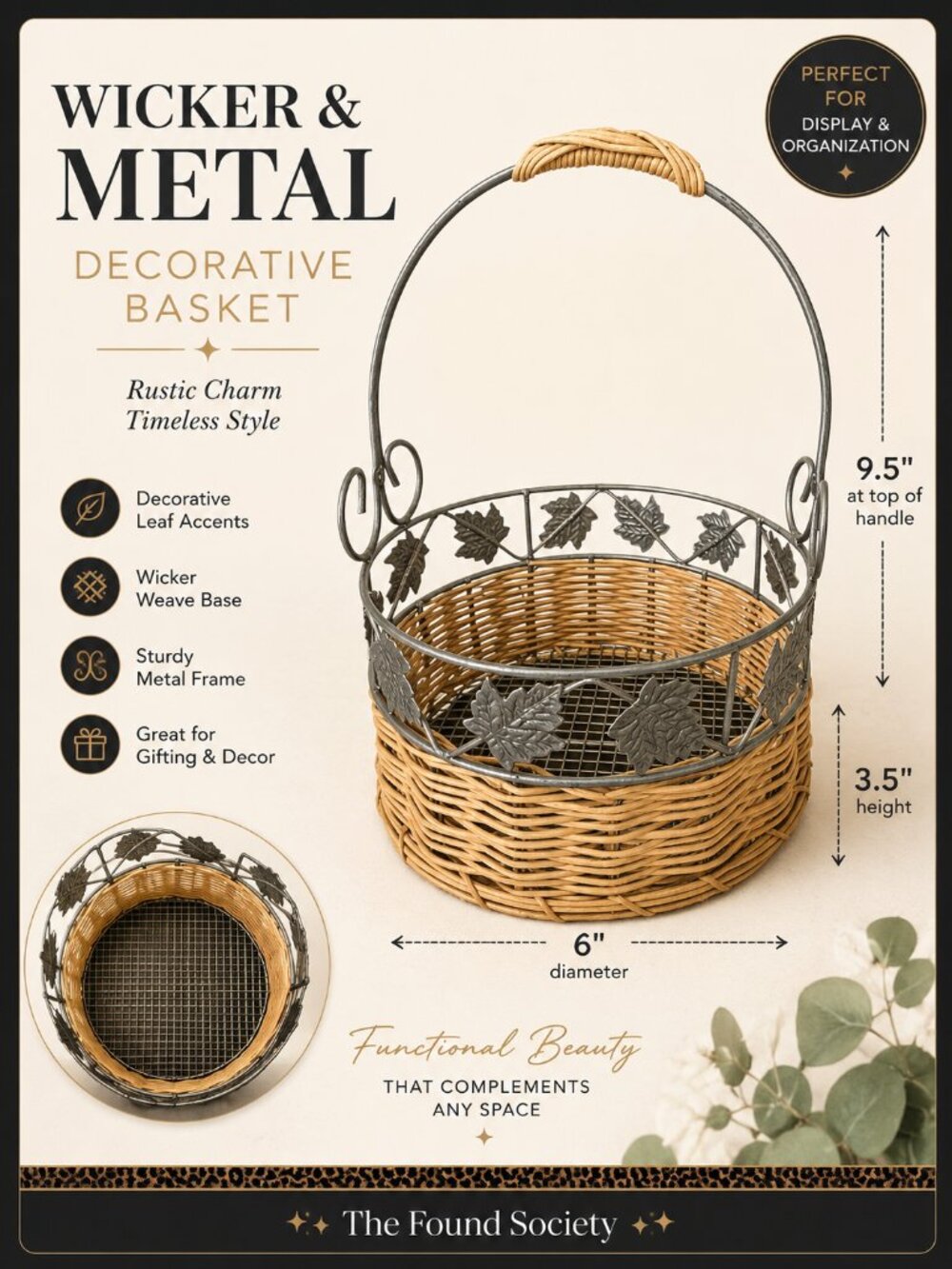 Decorative Wicker & Gunmetal Metal Basket with Leaf Accents-Rustic Farmhouse